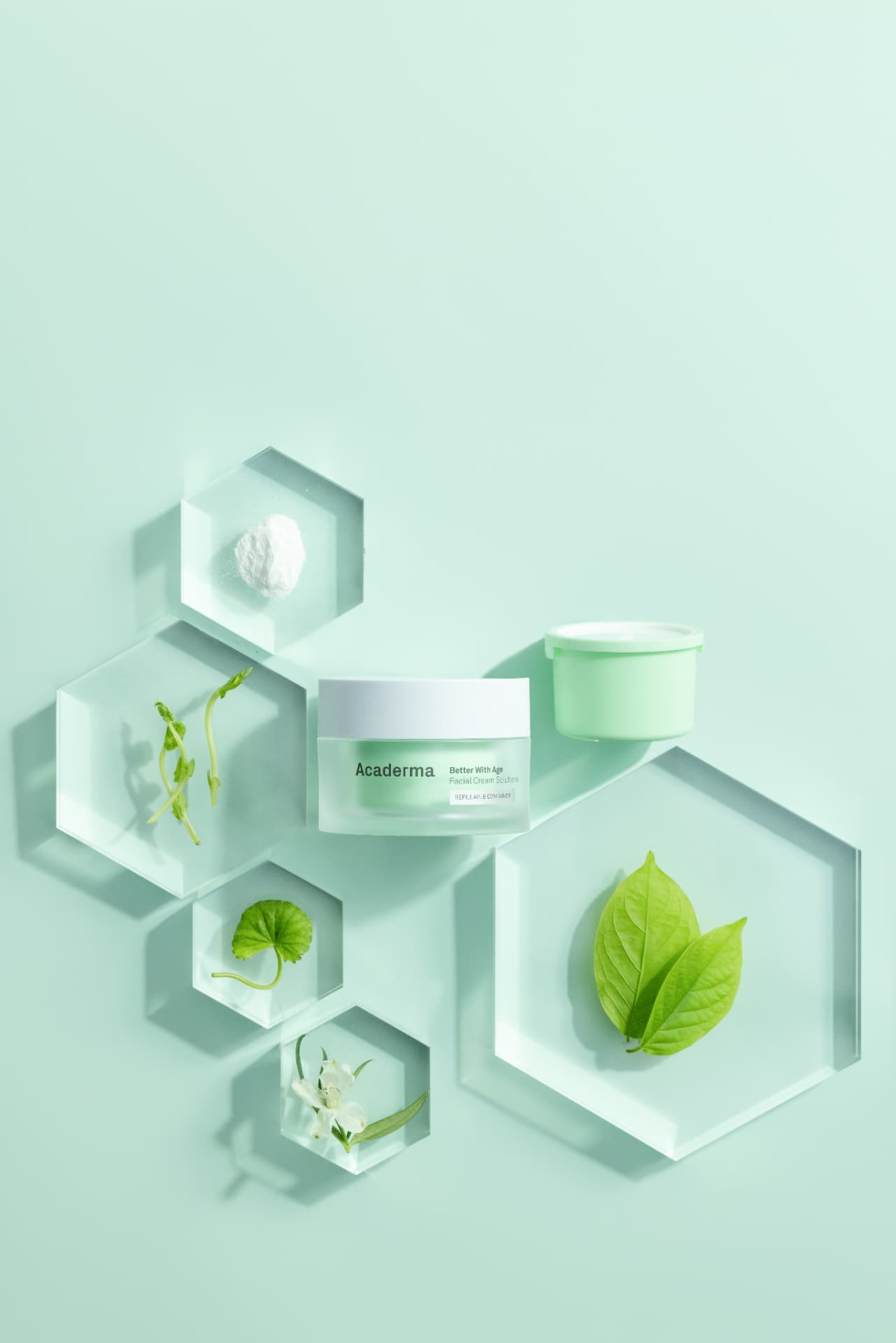 Acaderma refillable moisturizer jar on hexagonal display