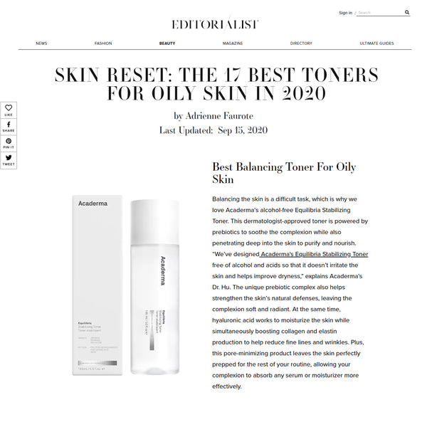 EDITORIALIST Selected Acaderma's Equilibria Stabilizing Toner As One Of The Best Toners For Oily Skin In 2020,