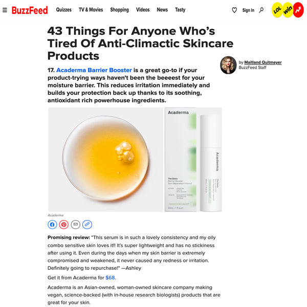Buzzfeed recommends Acaderma for Anyone who's tired of anti-climactic skincare products