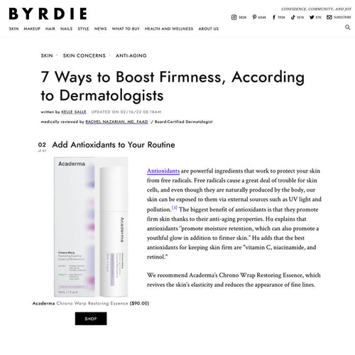Byrdie: Acaderma’s Chrono Wrap Restoring Essence revives the skin’s elasticity and reduces the appearance of fine lines.