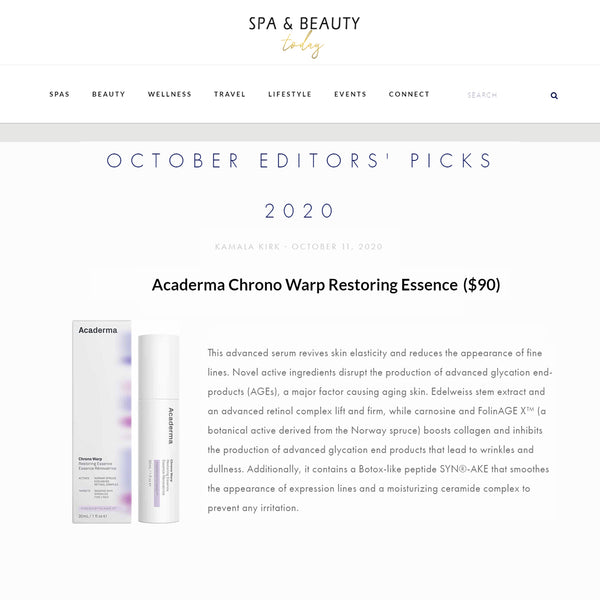 SPA & BEAUTY TODAY Editors Pick Oct: Acaderma Chrono Warp Restoring Essence