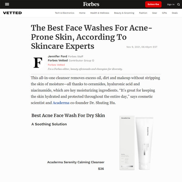 Forbes features Acaderma Serenity Calming Cleanser as Best Acne Face Wash For Dry Skin