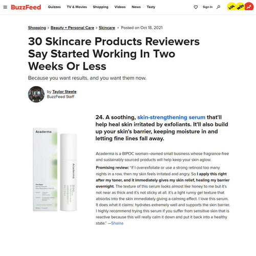 Buzzfeed: The Oasis serum help heal skin irritated by exfoliants, keeping mositure in and letting fine lines fall away
