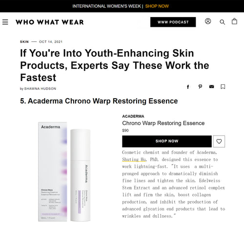 Who What Wear: Acaderm chrono warp restoring essence works the fastest in youth-enhancing skin products
