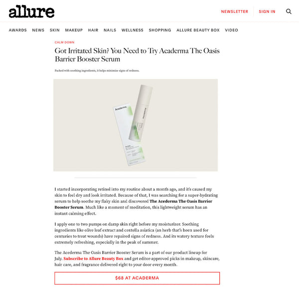 Allure: Acaderma's The Oasis Barrier Booster minimizes signs of irritation like redness