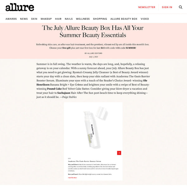 Allure: Acaderma's The Oasis Barrier Booster has an instant calming effect on irritated skin.