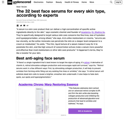 CNN underscored features Acaderma Chrono Warp Restoring Essence as the Best anti-aging face serum.