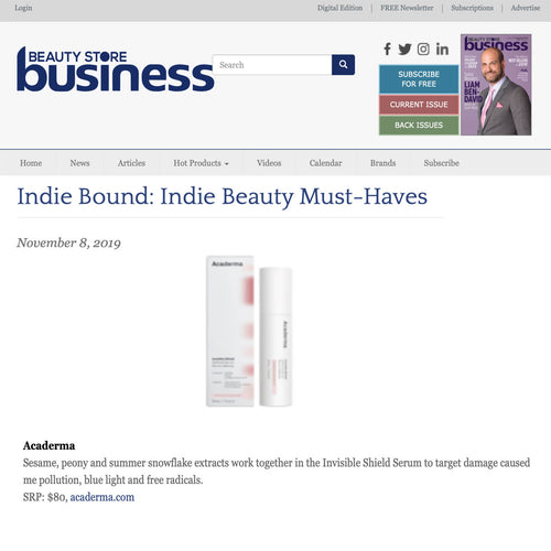 Beauty Store Business Names Acaderma Invisible Shield Defense Serum as "Indie Beauty Must-Have"