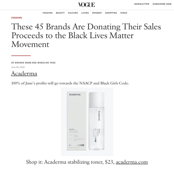 VOGUE: Acaderma Is Donating 100% of June's Profit to NAACP and Black Girls Code