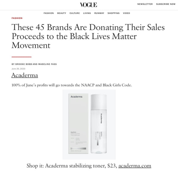 VOGUE: Acaderma Is Donating 100% of June's Profit to NAACP and Black Girls Code