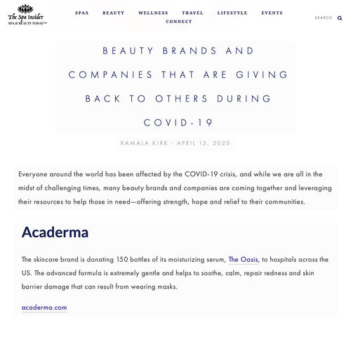 The Spa Insider: Acaderma Donated 150 The Oasis Serum To Hospitals Across The US